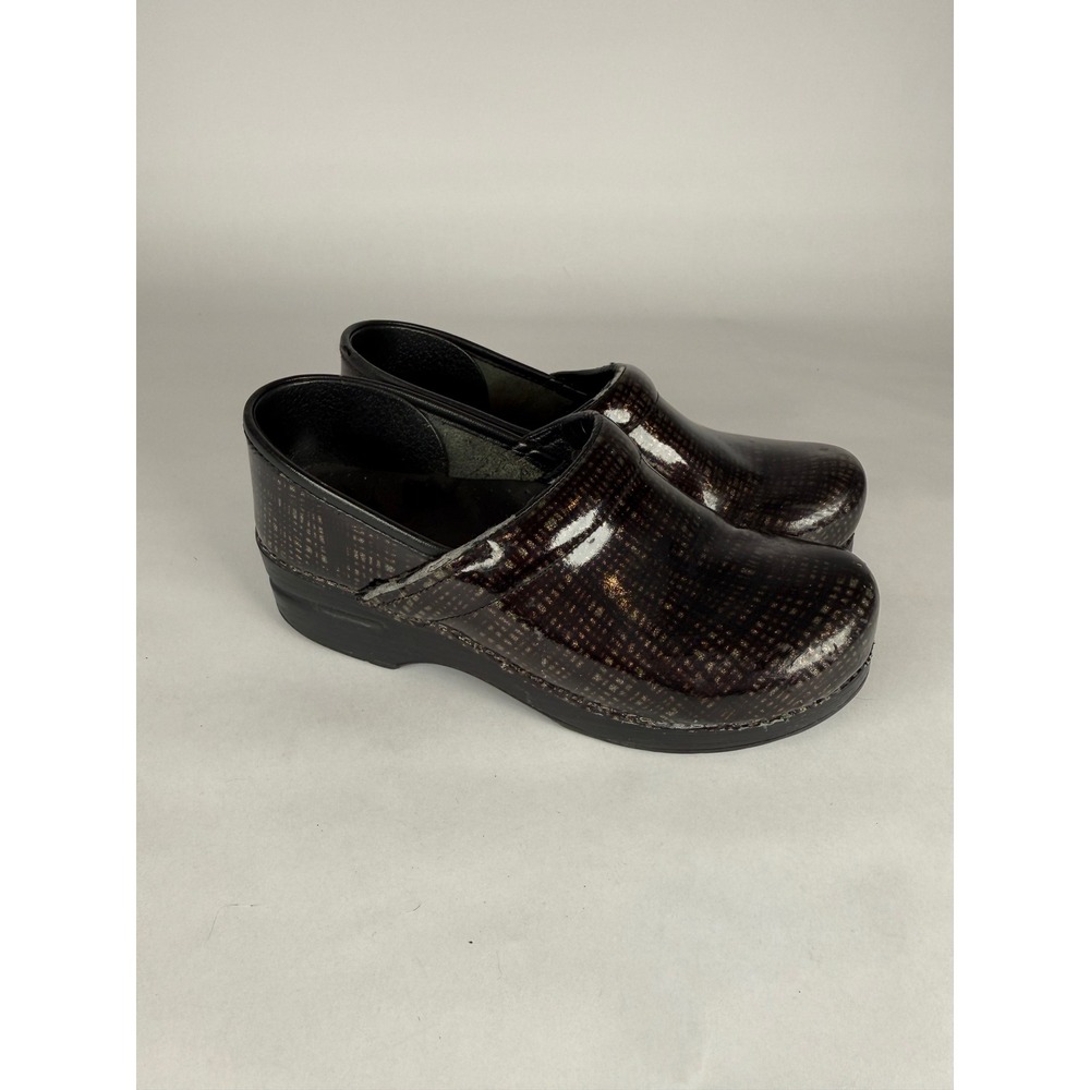 Dansko Professional Clogs Patent Leather Bronze Black‎ Grid Pattern Size 38